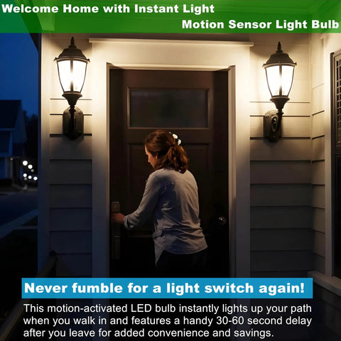 Four Pack Motion Sensor LED Bulbs 12W, 100W Equivalent A19 E26 Dusk To Dawn Indoor Outdoor Use, 5000K Daylight, 1200 Lumens, Glass-Penetrating Sensor, Upward Or Downward Mount, Easy Install on lit front porch