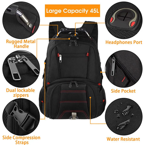 Extra Large Travel Laptop Backpack For Men And Women TSA Friendly Heavy Duty Workhorse Backpack Fits 17 Inch Laptops with features labeled