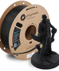 HT PLA Filament 1.75mm Black For 3D Printing spool and a 3D-printed figurine, high temp PLA that holds up to 150 C, easy to print