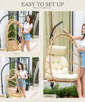 Woman assembling Hanging Egg Chair With Stand And Footrest For Indoor Outdoor Use, Foldable Wicker Rattan with UV Resistant Cushion