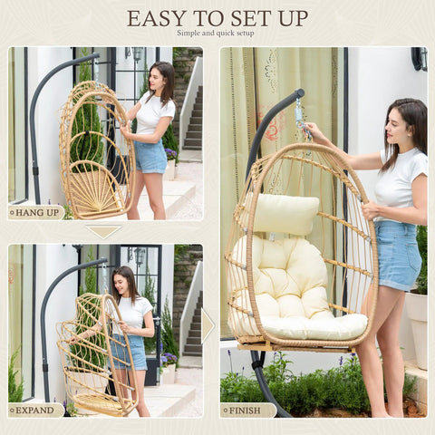 Woman assembling Hanging Egg Chair With Stand And Footrest For Indoor Outdoor Use, Foldable Wicker Rattan with UV Resistant Cushion