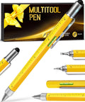 Six In One Multitool Pen Gift For Him Stocking Stuffers For Men Great Gift Idea For Husband Dad Grandpa Birthday Present Cool Gadgets For Adults White Elephant Friendly Party Favors, yellow pen with ruler, level, drivers and stylus.