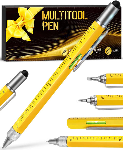 Six In One Multitool Pen Gift For Him Stocking Stuffers For Men Great Gift Idea For Husband Dad Grandpa Birthday Present Cool Gadgets For Adults White Elephant Friendly Party Favors, yellow pen with ruler, level, drivers and stylus.