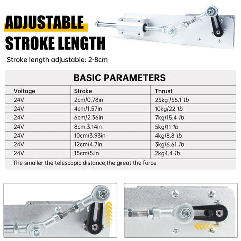 Reciprocating cycle linear actuator, DC 24V, adjustable 2-8 cm stroke with rocker-arm mechanism