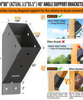 8-Pack 45 Degree Angle Support Bracket For 4x6 Pergolas Gazebos Decks Porches And Cabins Frosted Black Finish Stainless Steel Construction With 201 Body And 304 Screws Waterproof Rustproof Corrosion-Resistant shown in detailed diagram