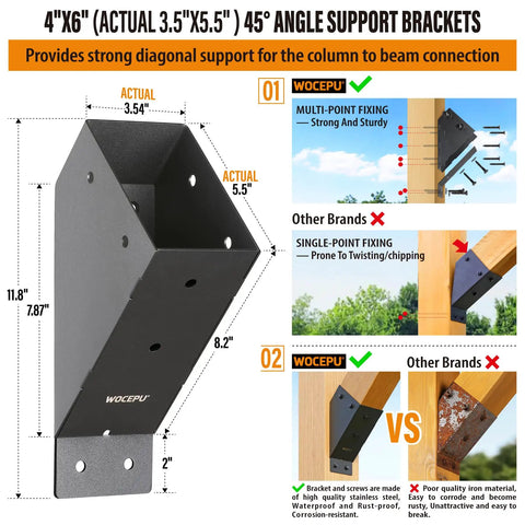 4 Pack 45 Degree Angle Support Brackets For 4x6 Pergolas Gazebos Decks And Cabins Built Tough With Frosted Black Outdoor Powder Coating 201 Stainless Steel Frame And 304 Stainless Screws