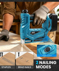 Makita 18V Compatible Cordless Brad Nailer And Stapler 2 In 1 for 18ga fasteners, close-up showing toggle button and fasteners.