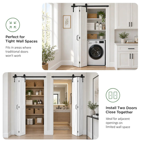 Game Changing 30 Inch Bifold Barn Doors With 34 Inch Hardware Kit Included showcasing sliding panels for tight wall spaces.