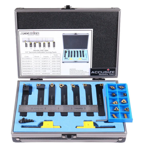 1/2 Inch Shank 7 Piece Indexable Carbide Turning Tool Set With 10 Extra TiN Coated Inserts for mild steel and cast iron