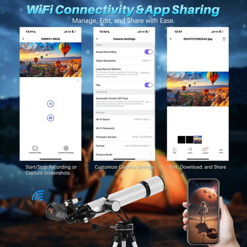 WiFi Eyepiece for Telescopes and Microscopes With One Point Five Inch TFT Display 1080P HD Imaging and 64GB Storage app interface