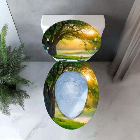 Resin Toilet Seat for Home Bathroom featuring a nature design with trees and sunlight, elongated shape, top view.