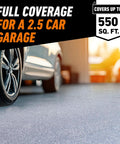 Two Part Epoxy Garage Floor Coating Kit Delivers Kickass Chemical Resistance And Showroom Shine Covering 550 Square Feet For Tough Basements And Heavy Duty Workshop Floors on a garage floor with a car tire.