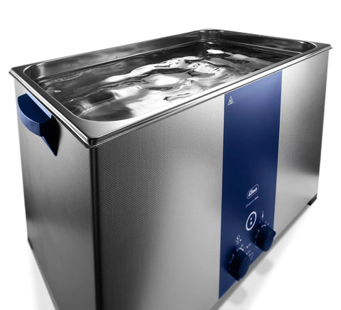 Straight Up Heavy Duty Ultrasonic Cleaner 7.5 Gallon Steel Tank showing water surface and control panel for jewelry and dental lab work.
