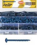 Outdoor Ready Pocket Hole Screws Kit, 400 Piece Assortment In Four Sizes displayed in clear plastic case with coarse thread blue coated screws.