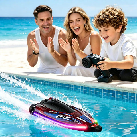 Child playing with LED Light RC Boat With Dual Brushless Motors, 2 Batteries, 25 KMH Dope Fast Remote Control Racer in pool with family.