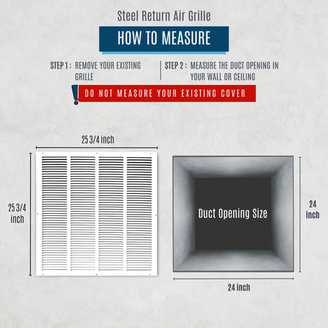 Durable High Quality Steel Return Air Grille Vent Cover Grill Perfect For 24 Inch By 24 Inch Duct Openings showing measurement guide.