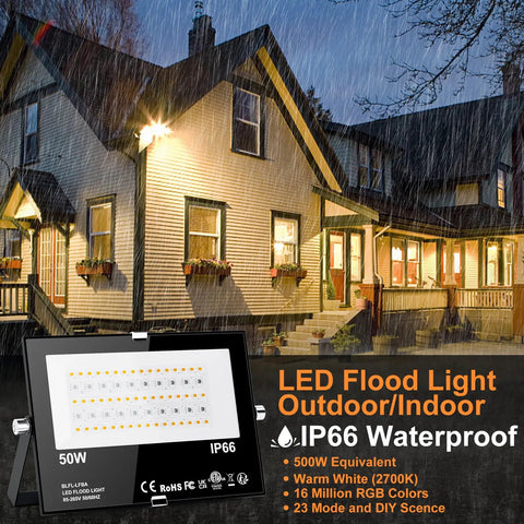 Outdoor RGB Flood Lights With 500W Equivalent Brightness Bluetooth App Control shown lighting a house facade, IP66 Waterproof.