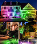 All-In-One RGBW Landscape Lighting Kit With 8 Color Changing 5W Low Voltage LED Spotlights illuminating a house and garden path.