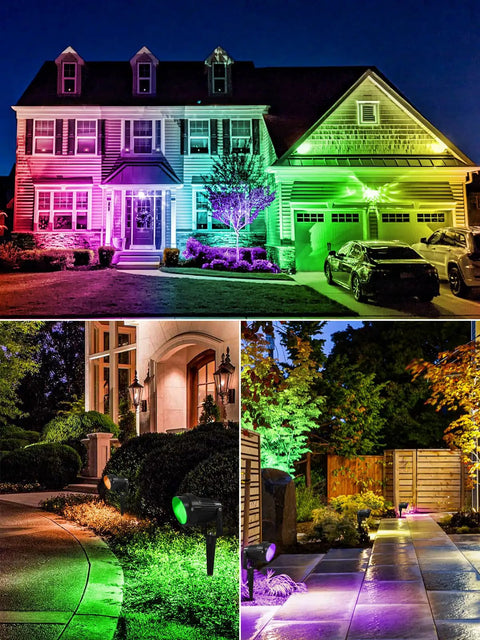 All-In-One RGBW Landscape Lighting Kit With 8 Color Changing 5W Low Voltage LED Spotlights illuminating a house and garden path.