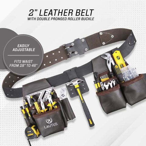 Oil Tanned Leather Tool Belt Rig for Carpenters and Handymen with 8 Pockets and 4 Hammer Loops displayed with tools.