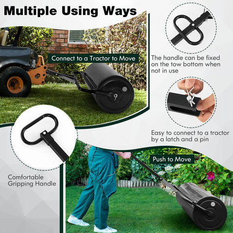Tow Behind Lawn Roller With 30 Gallon Water Sand Fill For Tractor Push And Pull, Heavy Duty Rustproof Steel Frame, Handle Details