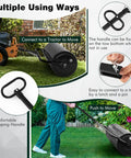 Push And Tow Lawn Roller With Ergonomic Handle And Scraper Bar For Easy No Fuss Soil Compaction In Lawns Yards Parks And Farms A Versatile Manual Yard Care Tool For Gardening And Lawn Maintenance showing usage with tractor and ergonomic handle.