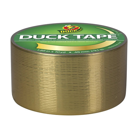Metallic Gold Duct Tape Roll 1.88 Inch by 10 Yards for Repairs and Crafts visible on a roll, green label on top, tear by hand feature