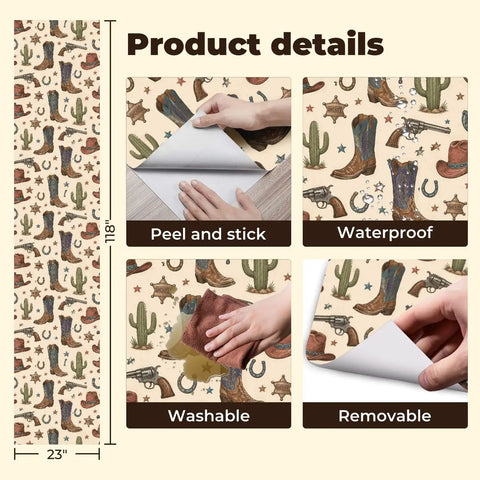 Vintage Wild West Peel and Stick Wallpaper Self Adhesive for Rustic Barn Decor Giddy Up Your Room With This Radical Retro Cowboys and Saloon Design. Product details and features.