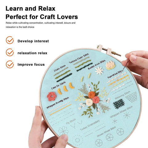 Beginner Embroidery And Cross Stitch Kit For Adults 3 Pack With Pre Printed Patterns Colorful Threads Needles 7.8 Inch Hoop