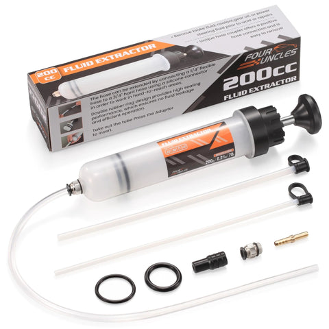 Four Uncles 200cc fluid extractor and fill pump for automotive use with a 23-inch hose and two 12-inch extension tubes