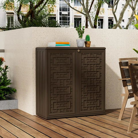 33.3 By 9 By 0.6 Inch Metal Shelf For 60 Gallon Outdoor Storage Cabinet Black Easy To Assemble No Fuss Single Shelf Laminate Metal Construction Perfect For Outdoor Storage installed in a patio cabinet
