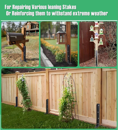 Heavy Duty Fence Post Repair Stakes Kit No Nonsense Solid One Eighth Inch Thickened Carbon Steel One Piece Ground Anchor For Repairing Leaning Privacy Fence And Mailbox Posts Black 2 Pack installed on wood fence and mailbox