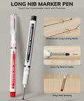 Close-up of long nib marker pen set showcasing 2mm tip, waterproof marking in red, black; ideal for deep-hole marking.