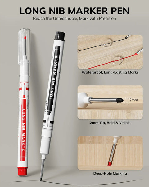 Close-up of long nib marker pen set showcasing 2mm tip, waterproof marking in red, black; ideal for deep-hole marking.