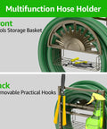 Multifunction hose holder with storage basket and hooks for freestanding garden hose reel stand with storage basket and two hooks