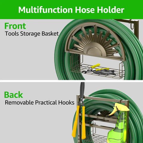 Multifunction hose holder with storage basket and hooks for freestanding garden hose reel stand with storage basket and two hooks