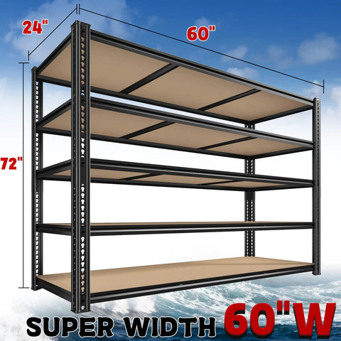 Heavy Duty Garage Shelving Unit 3500 Lbs Capacity, 60 Inch Wide 5 Tier Storage Rack For Tools, Gear, And Oversized Items, Ultra Sturdy Metal Shelves For Home, Garage, Or Workshop Organization, 60 x 24 x 72 in