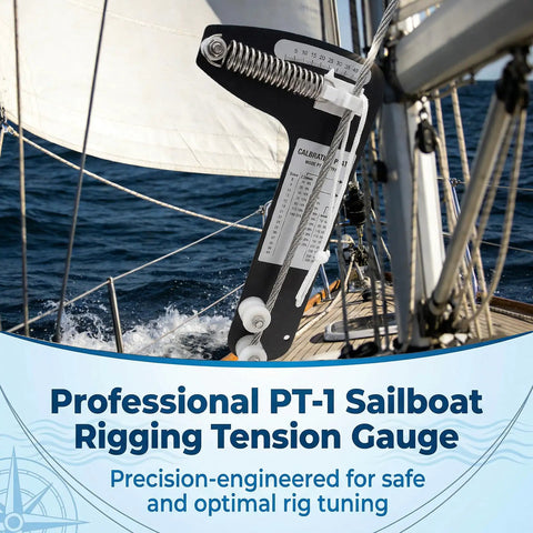 PT-1 Professional Hands-Free Sailboat Rigging Tension Gauge on forestay wire rope aboard sailboat