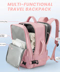 Women Travel Backpack Your Go To Airline Approved Carry On Waterproof Hiking Bag With 16 Inch Laptop Compartment And Overnight Pink Lightweight Durable Day Pack For Weekend Getaways, showing open compartments and pink design.