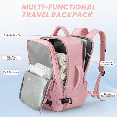 Women Travel Backpack Your Go To Airline Approved Carry On Waterproof Hiking Bag With 16 Inch Laptop Compartment And Overnight Pink Lightweight Durable Day Pack For Weekend Getaways, showing open compartments and pink design.
