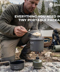 Man cooking with 9 Piece Camping Cookware Set With Nonstick Pans And 3200W Stove Igniter Magnetic Gas Canister Stand