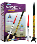 Tandem X Rocket Building Kit For Beginners With Launch Pad And Controller box showing Amazon and Crossfire rockets, ages 10 up.