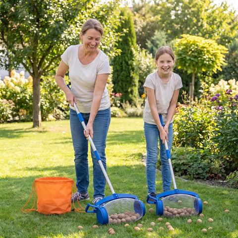 No Sweat Garden Roller Basket For Walnuts Pinecones And Gumballs Large Rolling Cage Sphere Sweeper used by two users gathering nuts in garden.