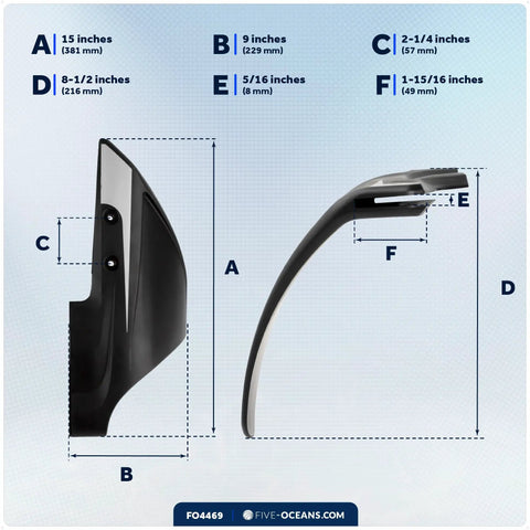 Technical dimensions of hydrofoil for outboard motor with stabilizer fins, showing measurements in inches for planning and efficiency boost.