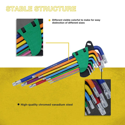 Heavy Duty Hex Key Allen Wrench Set With Metric And Imperial Sizes, long arm ball end, chrome vanadium steel, colorful sizes