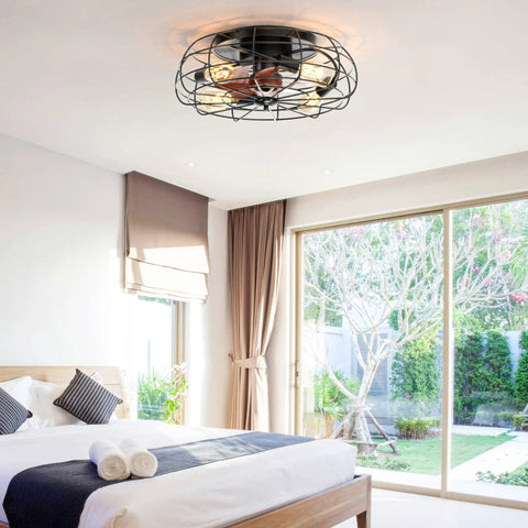 Low Profile 21 Inch Caged Ceiling Fan With Light And Remote Control, reversible motor, in modern bedroom setting