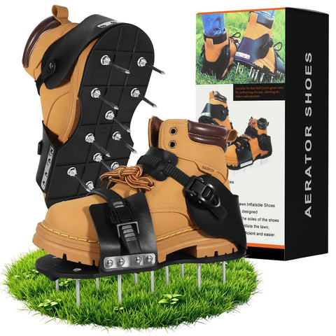 Lawn Aerator Shoes With 5mm Metal Base And Adjustable Straps For Grass displayed on greenery with box packaging