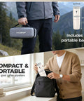 All In One Portable Coffee Maker With Built In Burr Grinder And Pour Over Filter For Travel Car Camping And Home Get Fresh Ground Coffee On The Go Anywhere In Minutes shown with carrying case and backpack.