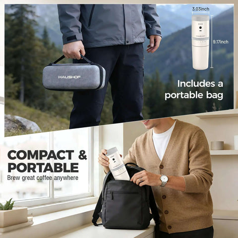All In One Portable Coffee Maker With Built In Burr Grinder And Pour Over Filter For Travel Car Camping And Home Get Fresh Ground Coffee On The Go Anywhere In Minutes shown with carrying case and backpack.