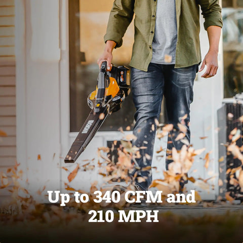 Man using Cordless 3 In 1 Leaf Blower Vacuum Mulcher With Brushless Motor, Dual Speed Electric Blower For Lawn Care, 340 CFM, 210 MPH